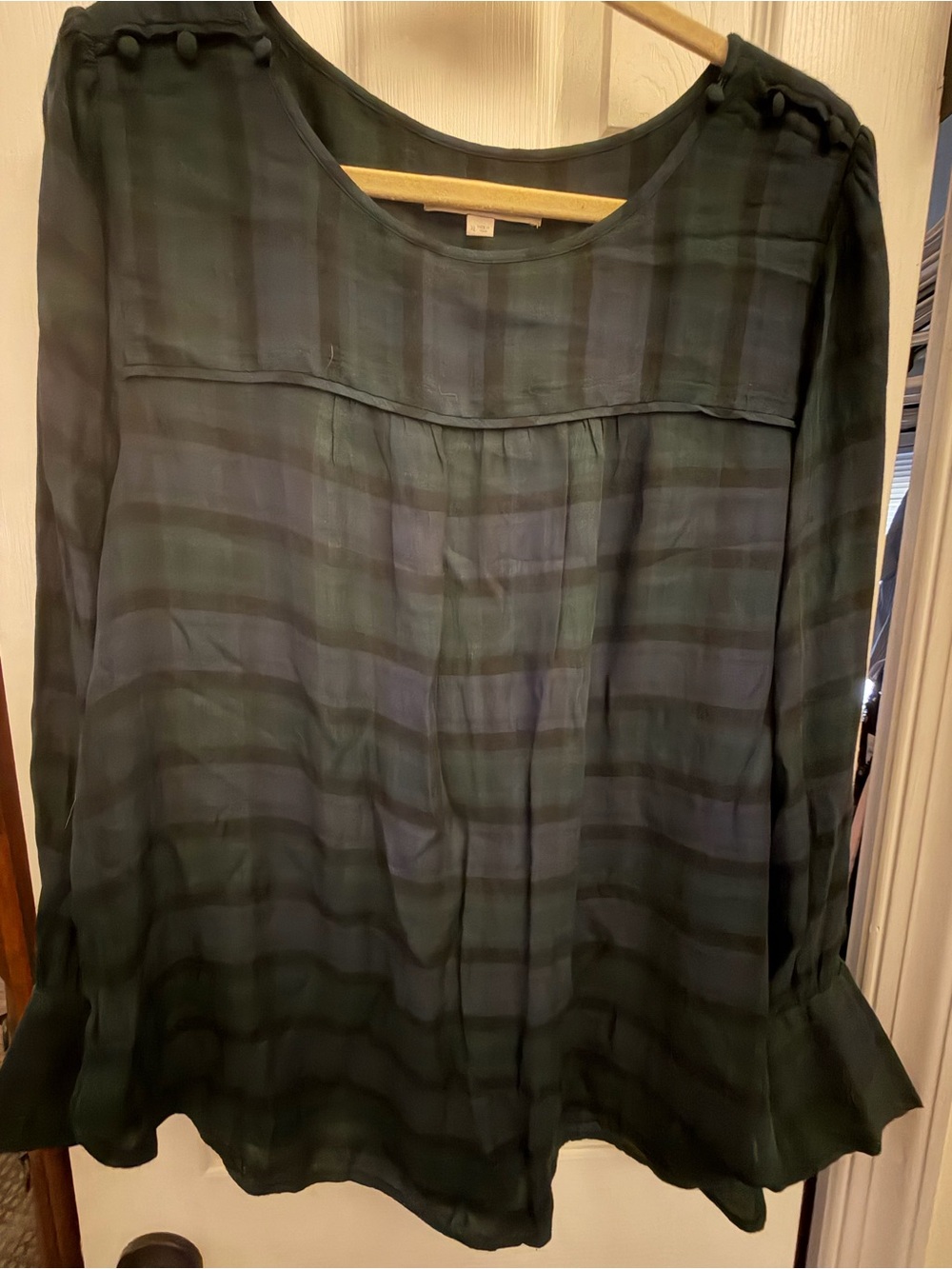 LOFT Dark Green and Black Plaid Long-Sleeve Blouse